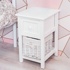 Commode en bois blanc shabby chic avec tiroir et panier en osier amovible