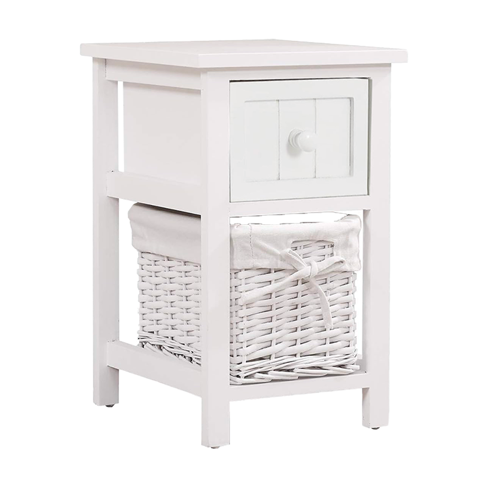 Commode en bois blanc shabby chic avec tiroir et panier en osier amovible