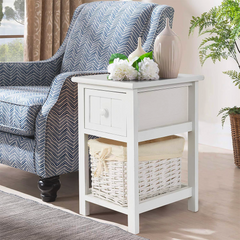 Commode en bois blanc shabby chic avec tiroir et panier en osier amovible