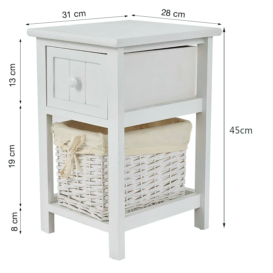 Commode en bois blanc shabby chic avec tiroir et panier en osier amovible
