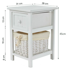 Commode en bois blanc shabby chic avec tiroir et panier en osier amovible