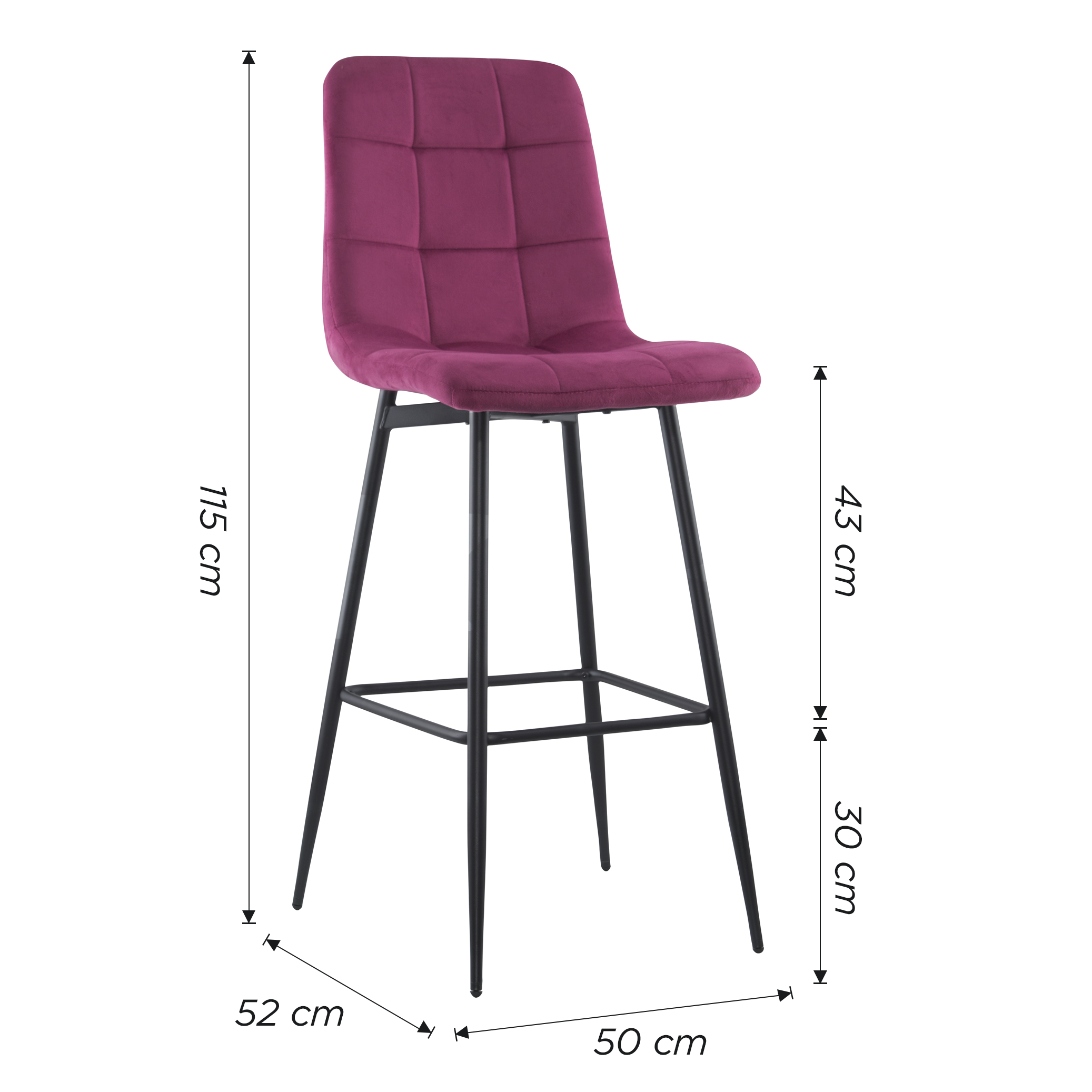 Lot 2 tabourets velours VELVETTE, structure noire, dossier et repose-pieds
