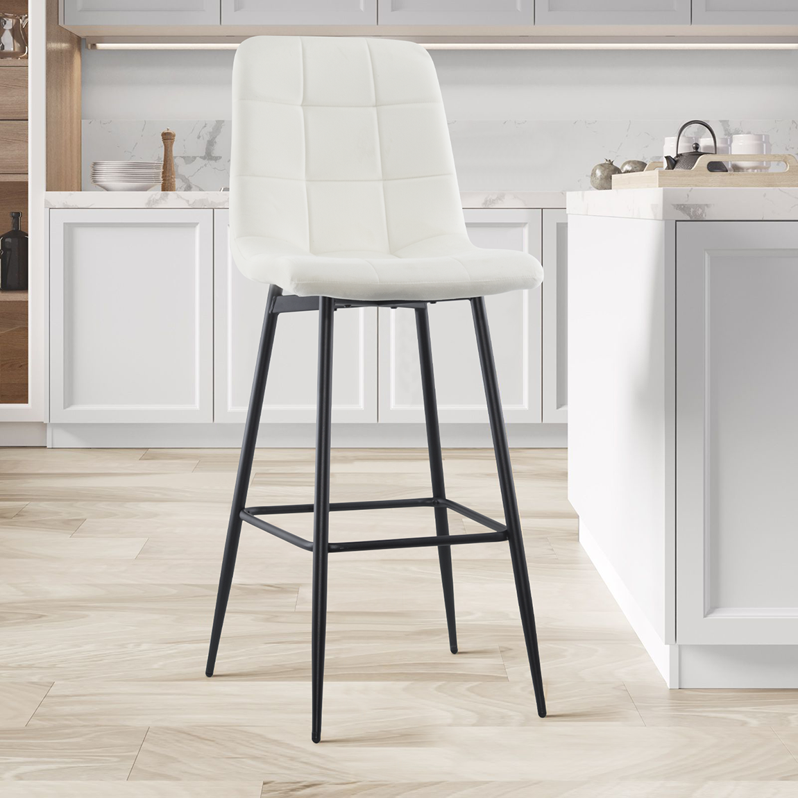 Lot 2 tabourets velours VELVETTE, structure noire, dossier et repose-pieds