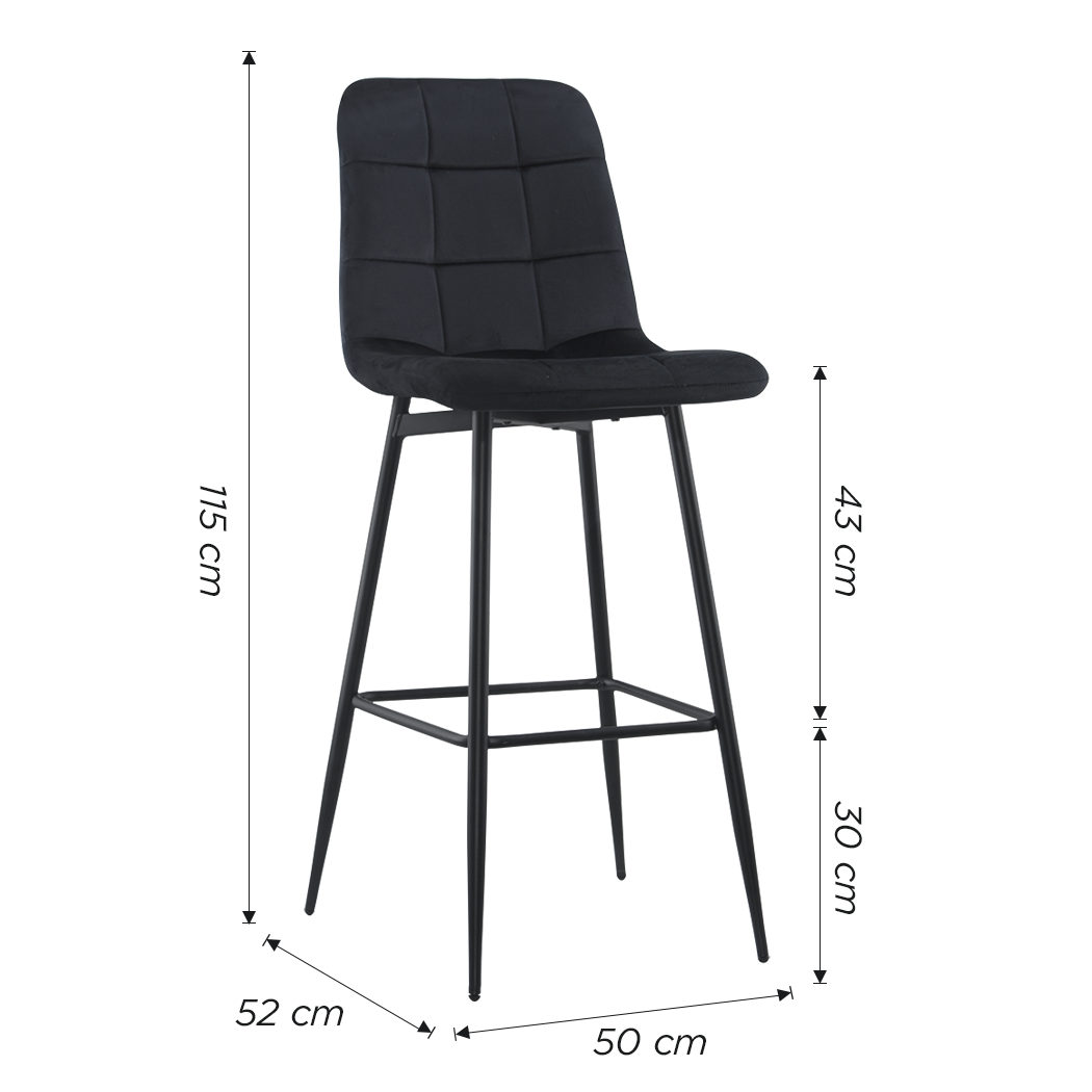 Lot 2 tabourets velours VELVETTE, structure noire, dossier et repose-pieds