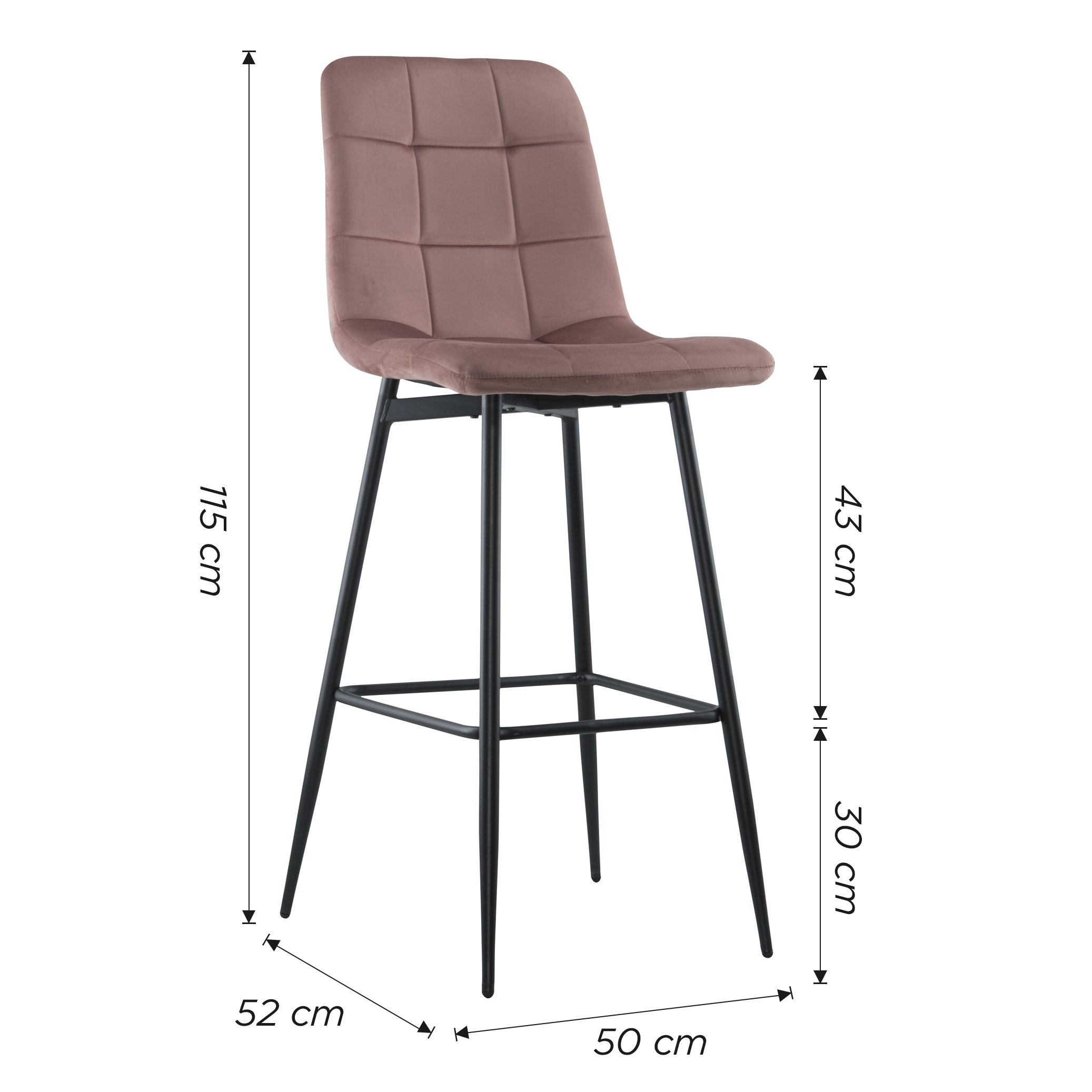 Set 4 tabourets velours VELVETTE, dossier, repose-pieds, pied noir