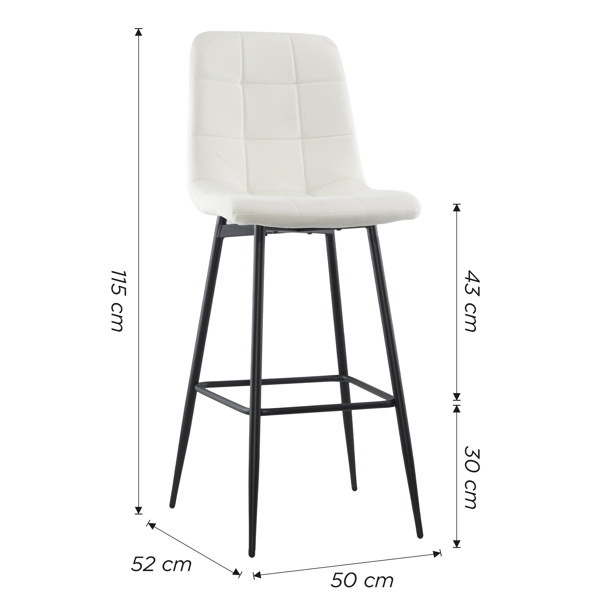 Set 4 tabourets velours VELVETTE, dossier, repose-pieds, pied noir