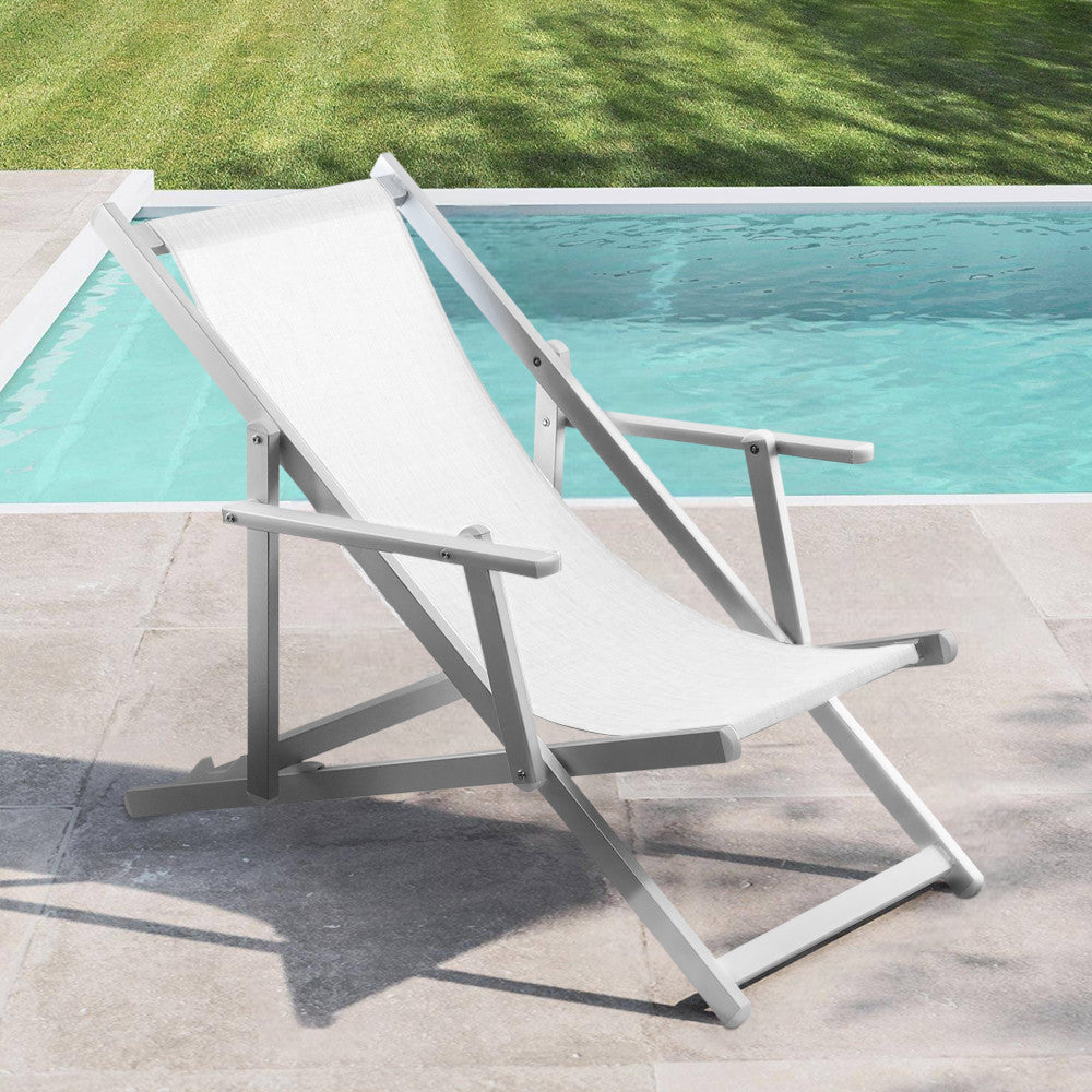2 Chaises Longues Pliantes Napoli, Accoudoirs, Alu et Textilène