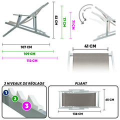 2 Chaises Longues Pliantes Napoli, Accoudoirs, Alu et Textilène