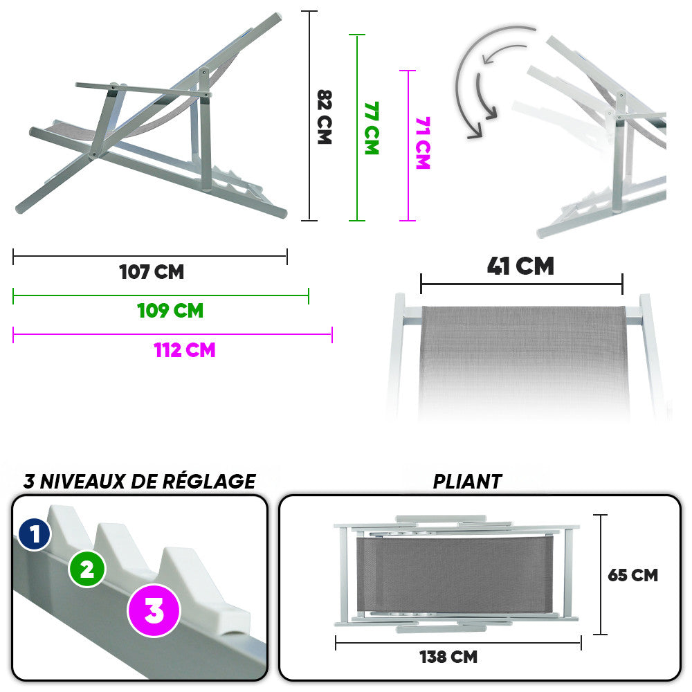 2 Chaises Longues Pliantes Napoli, Accoudoirs, Alu et Textilène