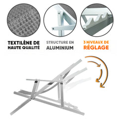 2 Chaises Longues Pliantes Napoli, Accoudoirs, Alu et Textilène