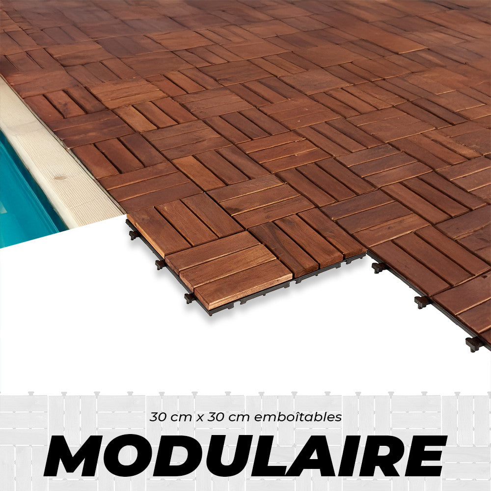 Pack 6 carreaux en bois d'acacia effet bois revêtement extérieur 30x30x2.5 cm