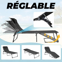 Transat en Textilène Design Cordonné, Pliable avec Dossier Inclinable.