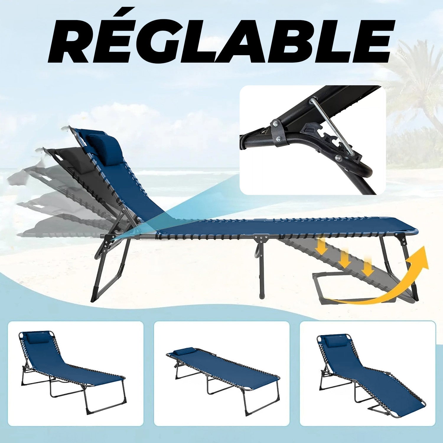 Transat en Textilène Design Cordonné, Pliable avec Dossier Inclinable.