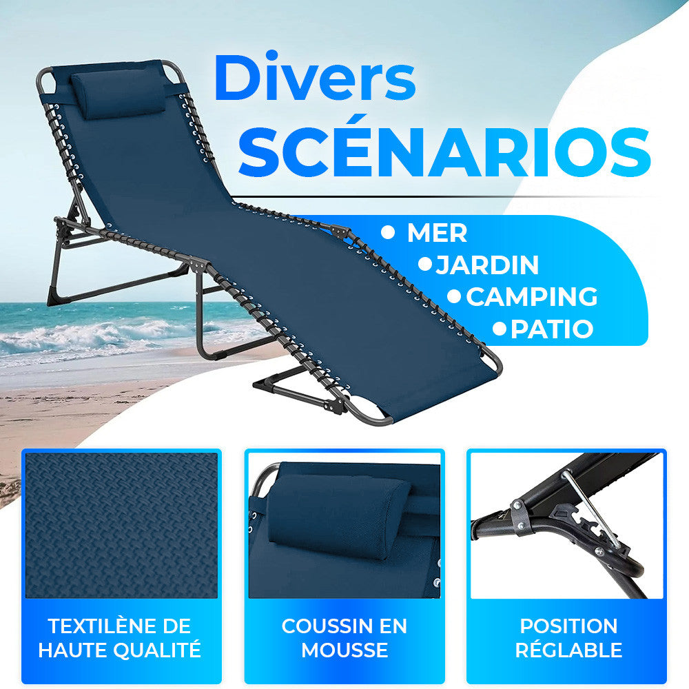 Transat en Textilène Design Cordonné, Pliable avec Dossier Inclinable.
