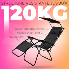 2 pièces Chaise longue Gravity Zero pliable et inclinable avec pare-soleil