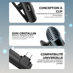 Microphone sans fil Type-C – Autonomie 6 heures, portée 10-15 m