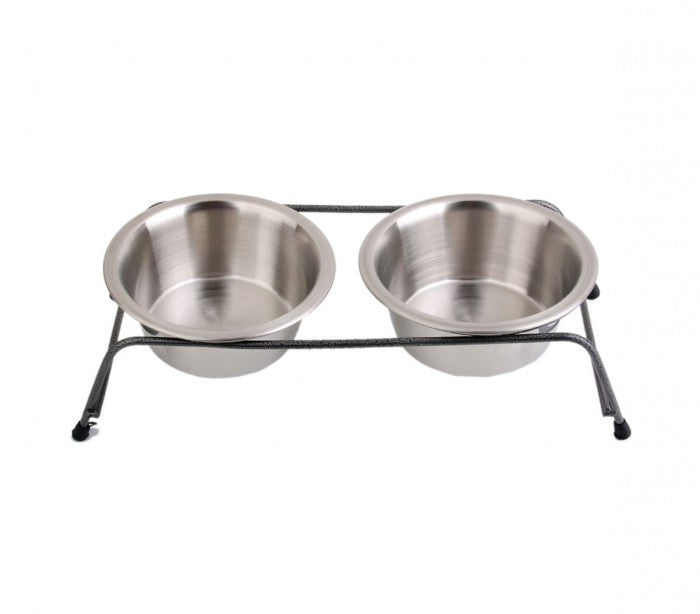 180593 double gamelle en acier pour chiens avec support sureleve 40x17x8,5 cm