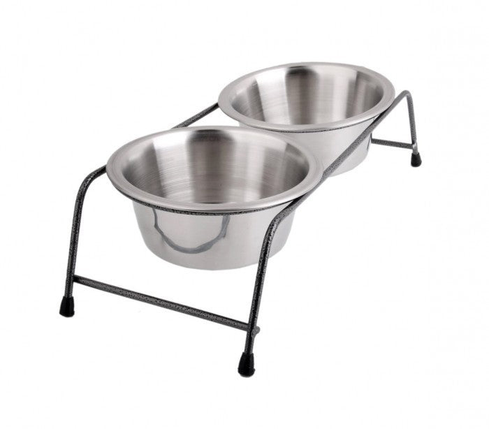 180593 double gamelle en acier pour chiens avec support sureleve 40x17x8,5 cm