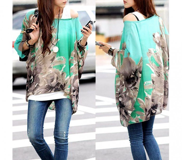 Blouse en mousseline de soie oversize asymétrique imprimé floral vert 001