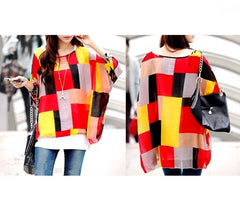 Blouse en mousseline de soie oversize asymétrique motifs géométriques rouge 003