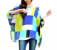 Blouse en mousseline de soie oversize asymétrique motifs géometriques bleus 004