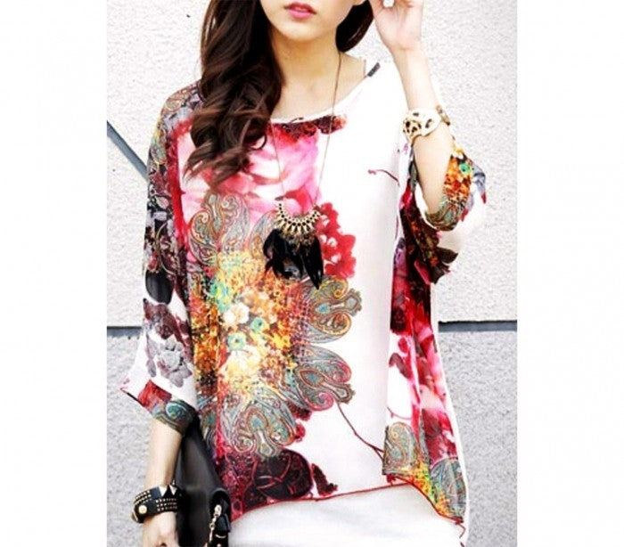 Blouse en mousseline de soie oversize asymétrique avec imprime floral blanc 005